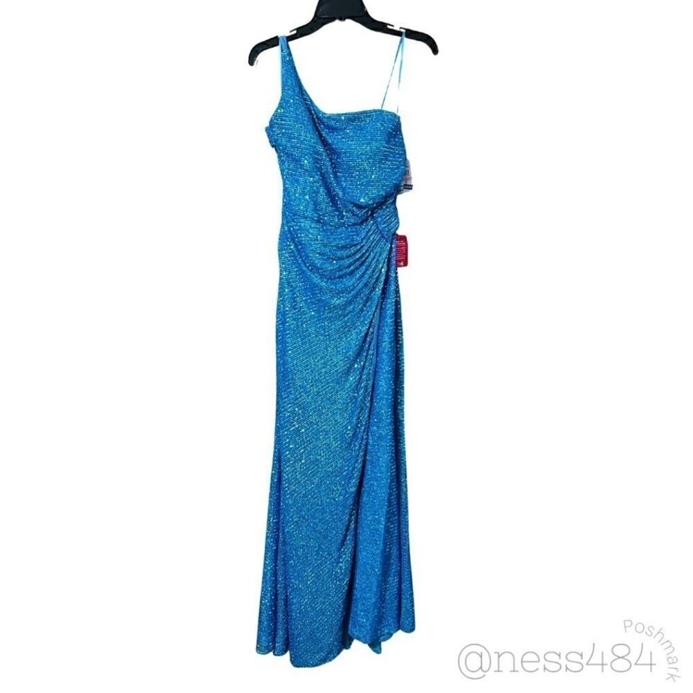 Blue One Shoulder Ruched Sequins Gown Formal Evening Dress Size 12/13 W/PURSE